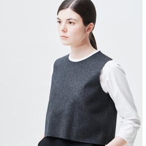 Wool raw edge crop top, Statement sleeveless blouse, Minimalist capsule wardrobe, Trendy office tank top, Elegant heavy weight wool vest