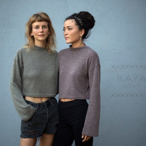 Knit Turtleneck Crop Pullover pale purple, pale olive, black