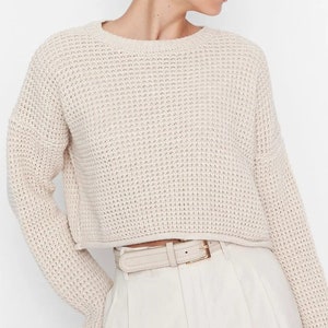 Cozy Crop Beige Sweater - Handknit in Multiple Colors Chic Handcrafted Crop Sweater Handmade Crop Top Gift For Her Autumn Fashion