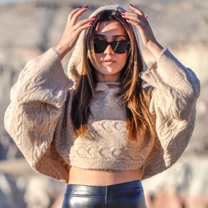 Handknit Camel Cashmere Crop Sweater with Slouchy Fit, Wide Cable-Knit Sleeves, and Cozy Hoodie - Super Soft Luxury Knitwear
