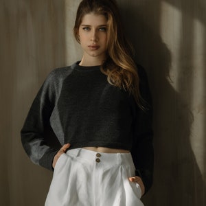 Dark grey cropped merino wool sweater, Soft 100% merino wool hand knitted pullover sweater jumper, Women cropped gray wool loose fit sweater