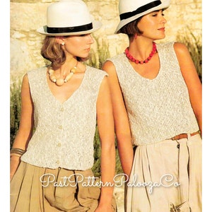 Vintage Knitting Pattern Womens Rib Top and Tank Vest Linen Look PDF Instant Digital Download Ladies Sleeveless Cardi Summer Sweaters DK