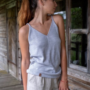 Soft wool spaghetti top, Grey knitted lightweight woolen basic top, Sleeveless tank tee top for woman, Simple hand knit womens blouse