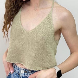 Hand Knitted Linen Crop Top. Deep V Neck Boho Camisole. Organic Flax Summer Singlet